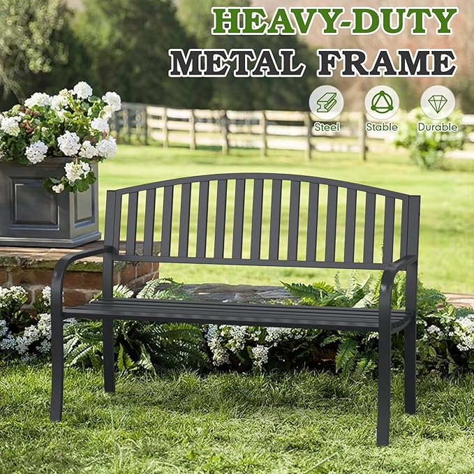 50" Outdoor Garden Bench, Iron Metal Frame Patio Bench with Backrest Armrests, Weatherproof Anti-Rust Outdoor Bench for Front Porch, Park, Yard, Patio (402-32BK)