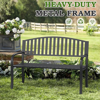 50" Outdoor Garden Bench, Iron Metal Frame Patio Bench with Backrest Armrests, Weatherproof Anti-Rust Outdoor Bench for Front Porch, Park, Yard, Patio (402-32BK)
