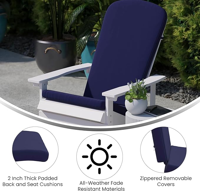 Flash Furniture Charlestown Folding Adirondack Chairs Poly Resin Frame-All-Weather Cushions-Indoor/Outdoor Use, Set of 2, White/Blue