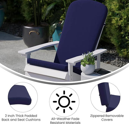 Flash Furniture Charlestown Folding Adirondack Chairs Poly Resin Frame-All-Weather Cushions-Indoor/Outdoor Use, Set of 2, White/Blue