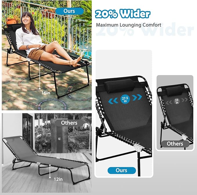 Tangkula Widen Folding Chaise Lounge Chair, Portable Camping Recline Chair w/4 Backrest Positions, 2 Leg Positions, Pillow, Sunbathing Beach Chair for Outdoor, Lawn, Patio, Support 400lbs (1, Black)