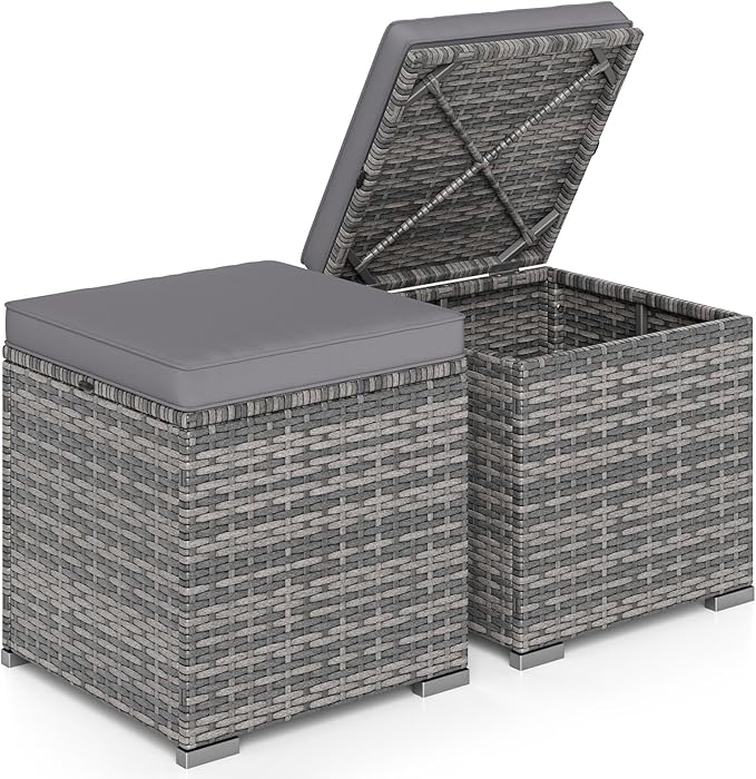 RELAX4LIFE Wicker Outdoor Storage Ottoman - 2-Piece Rattan Footstool w/Removable Cushion - Photo 1