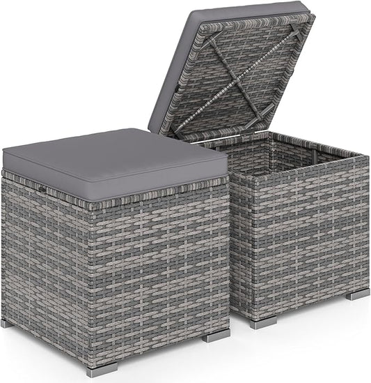 RELAX4LIFE Wicker Outdoor Storage Ottoman - 2-Piece Rattan Footstool w/Removable Cushion, Multipurpose Footrest Foot Stool Seating, Set of 2 Outdoor Ottomans for Patio Deck (Mix Grey-Grey)