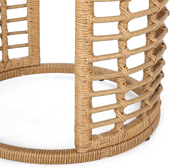 F-Light Rattan Side Tables, Outdoor Round Rattan Coffee Table with Tempered Glass Top for Porch Bistro Set, Brown