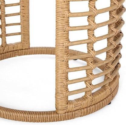 F-Light Rattan Side Tables, Outdoor Round Rattan Coffee Table with Tempered Glass Top for Porch Bistro Set, Brown