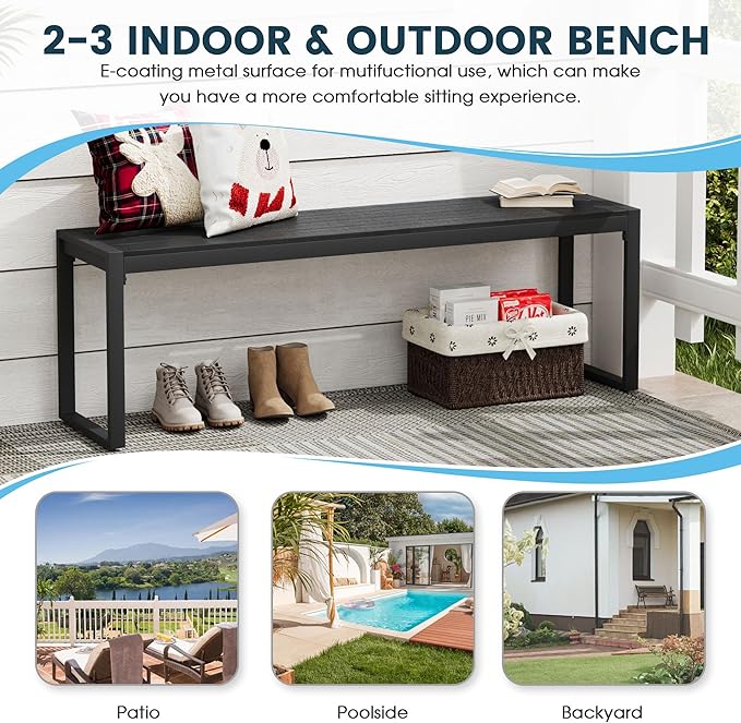 Outdoor Patio Backless Bench for 2-3 People, 53.2" All-Weather Long Metal Garden Bench Seat for Backyard, Porch,Lawn, Black