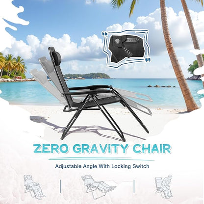 Greesum Zero Gravity Chairs Set of 2 Adjustable Steel Mesh Recliners Beach Deck Lawn Camping Patio Foldable Lounge Chair with Cup Holder Trays and Pillows,Dark Black