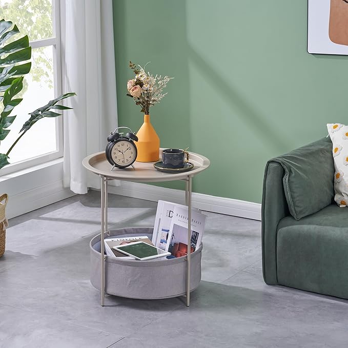 VECELO Round Side/End Table with Fabric Storage Basket，Metal Anti-Rust and Waterproof Small Bedside Nightstand with - Photo 2