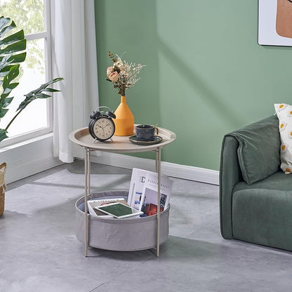 VECELO Round Side/End Table with Fabric Storage Basket，Metal Anti-Rust and Waterproof Small Bedside Nightstand with Removable Tray Top for Living Room，Balcony & Laundry，Grey /2pcs with Basket