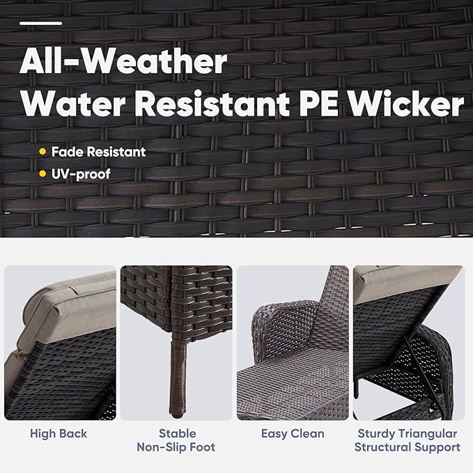 Belord 3 Piece Outdoor Chaise Lounge Patio Recliner - 75 Inch Adjustable Wicker Chaise Lounge with Soft Pillow Removable Cushions, All Weather Rattan Pool Lounge Chair Set 2 Poolside Brown/Grey