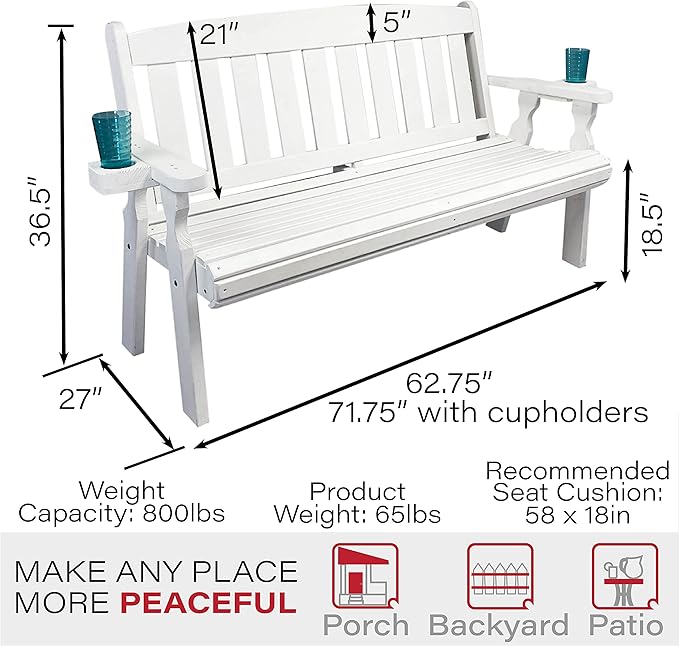 Amish Casual Heavy Duty 800 Lb Mission Pressure Treated Garden Bench with Cupholders (5 Foot, Semi-Solid White Stain)