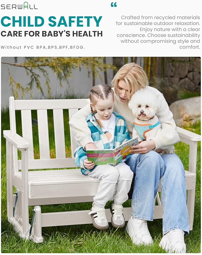 SERWALL 2 Person Patio Glider Rocking Chair, HDPE Material Weather-Resistant Swinging Bench for Outdoor Porch Garden - Photo 7