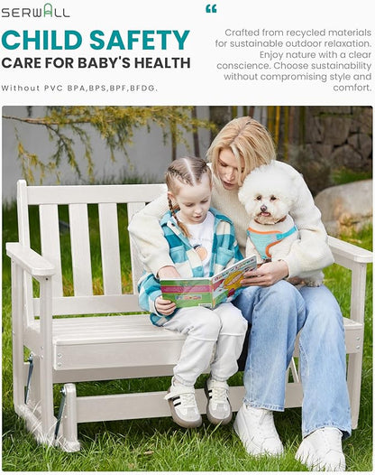 SERWALL 2 Person Patio Glider Rocking Chair, HDPE Material Weather-Resistant Swinging Bench for Outdoor Porch Garden, White