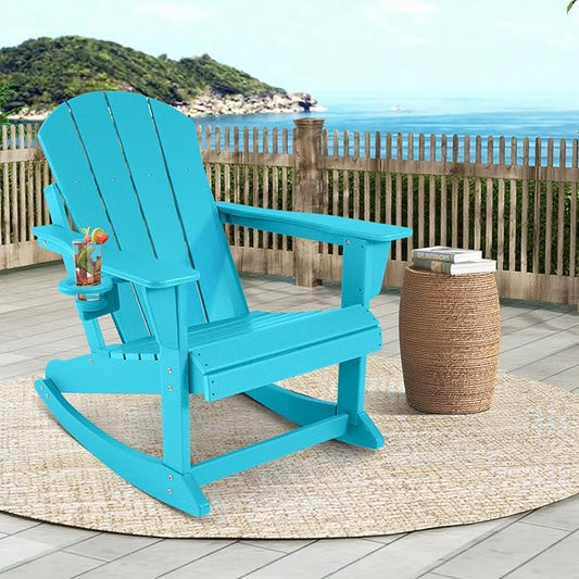 Outdoor Rocking Chair Set of 2, HDPE Poly All-Weather Patio Rocking Chairs with Cup Holder for Adults, Porch Rocker for Deck Patio Balcony, 440lbs, Turquoise