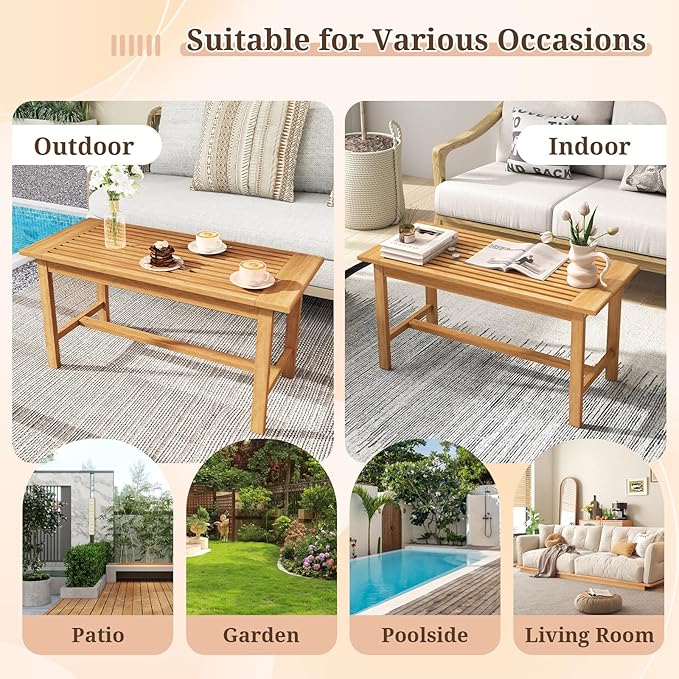 Giantex Teak Wood Patio Coffee Table - 36” Rectangular Outside Side Table with Slatted Tabletop, Solid Center Table, Outdoor Cocktail Table for Deck, Backyard, Garden, Poolside, Balcony, Natural