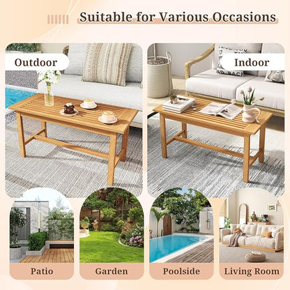 Giantex Teak Wood Patio Coffee Table - 36” Rectangular Outside Side Table with Slatted Tabletop, Solid Center Table, Outdoor Cocktail Table for Deck, Backyard, Garden, Poolside, Balcony, Natural