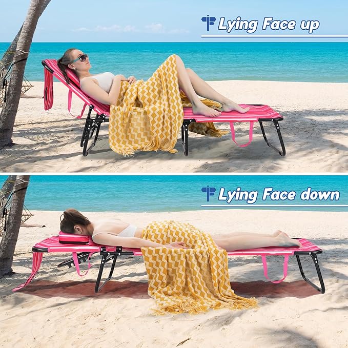 Goplus Tanning Chair, Folding Beach Lounge Chair with Face Hole, Removable Pillow, Carry Strap, Position Adjustable, Sunbathing Chair, Portable Outside Lounge Chair for Patio Pool