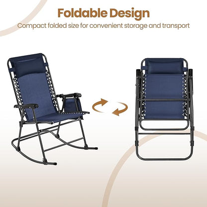 Yaheetech 26in Rocking Chair Outdoor Zero Gravity Folding Chairs Rocking Chairs Foldable Outdoor Lounge Chair for Outside Lawn with Cupholder/Pillow Ergonomic Design for Rest, Navy Blue, Set of 1