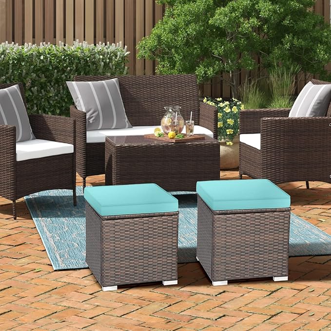 RELAX4LIFE Wicker Outdoor Storage Ottoman, 2-Piece Rattan Footstool w/Removable Cushion - Photo 8