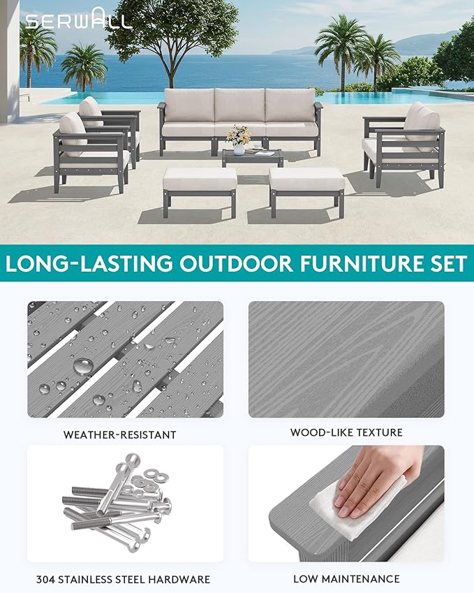 SERWALL HDPE Patio Furniture Set, 10 Pieces Outdoor Sectional Sofa Set - Photo 4
