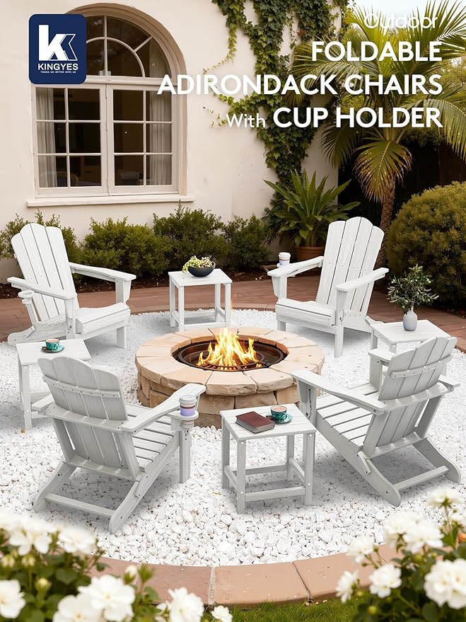 KINGYES Folding Adirondack Chair Set of 2, HDPE All-Weather Folding Adirondack Chair, White - Photo 2