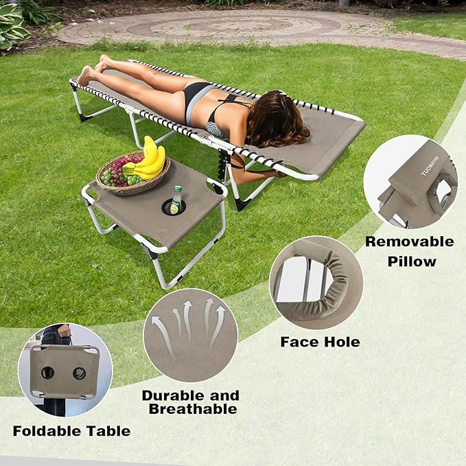 Sun Tanning Chair with Face Hole 5-Position Folding Lounge Chair Outdoor with Portable Beach Table for Poolside - Photo 4