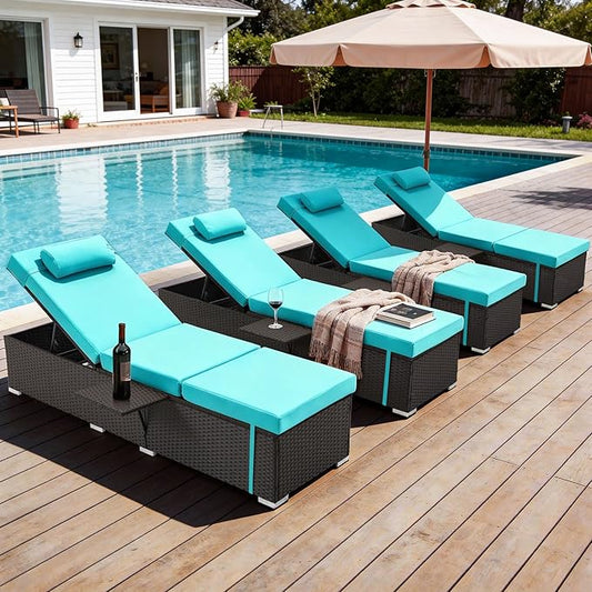 Outdoor Chaise Lounge with Adjustable Backrest Set of 4, 6-Position Reclining Lounger Pool Chair, Thick 3-Inch Cushion & Side Tray, All-Weather PE Wicker for Outdoor, Backyard, Deck (Blue)