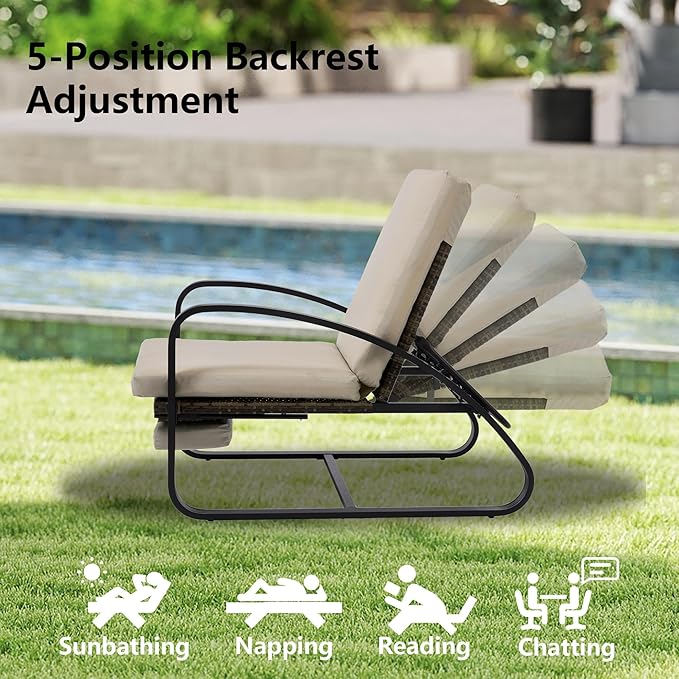 3 Piece Patio Furniture Set, Modern Patio Chaise Lounge Chairs, 5-Position Adjustable Bistro Set Balcony Furniture, Metal Patio Chairs with Coffee Table, Pool Lounge Chair for Deck, Khaki