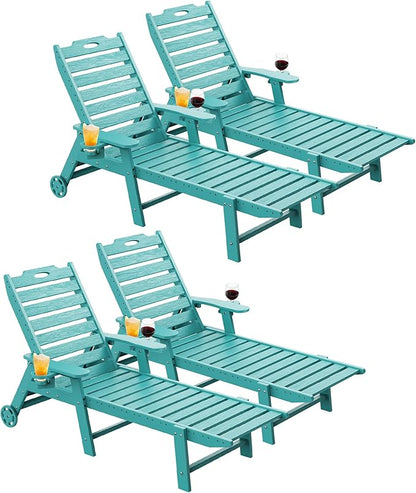 Carauci Lounge Chair Outdoor Set of 4, HDPE Chaise Lounge with Wheels, 5-Position Adjustable Backrest & 2 Cup Holders Patio Lounge Chair, All-Weather Pool Sun Lounger for Poolside, Backyard, Lake Blue