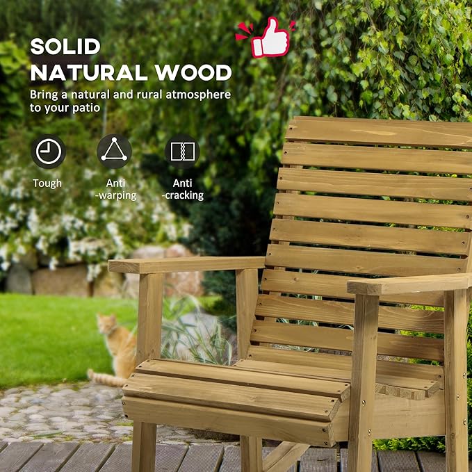 Outsunny Wooden Outdoor Rocking Chair, Traditional Slatted Wood Rocker Chair with Armrests and High Backrest for Indoor & Outdoor, Light Brown