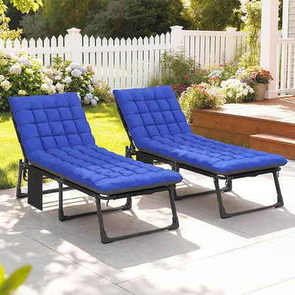 Outsunny Chaise Lounge Chair Outdoor Set of 2, 5-Position Reclining Pool Lounge Chairs with Cushions, Side Pocket, Headrest, Folding Lounger Tanning Chair Camping Cot for Patio, Beach, Dark Gray/Blue