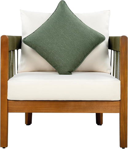 Christopher Knight Home Vinny Outdoor Accent Chair, Acacia Wood Club Chair, Handwoven Rope Armchair with Removable Cushions, Comfort Seating Single Reading Sofa for Garden Backyard Porch, Green+Beige