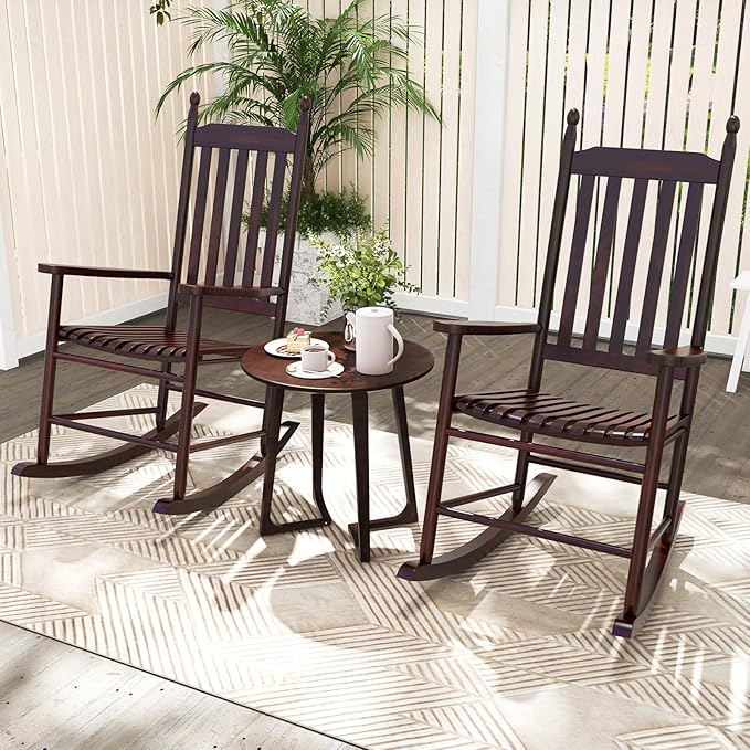 Giantex Outdoor Rocking Chair Set of 2, All Weather Patio Rocker w/Solid Rocking Base & High-Back, Slatted Seat & Back, Acacia Wood Porch Rocker, Wooden Patio Rocking Chair for Backyard, Brown