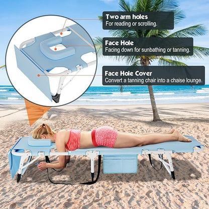 MOPHOTO Oversized Beach Lounge Chair, 5-Position Adjustable Tanning Chair with Face Hole, Heavy Duty Folding Chaise Lounge for Beach, Pool, Patio & Sunbathing
