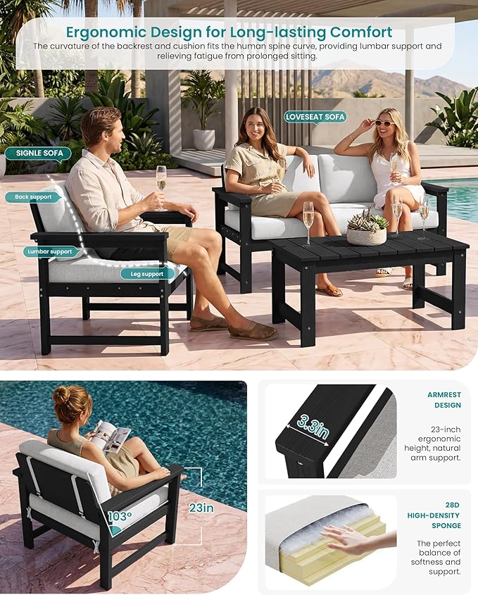 SERWALL Black HDPE Outdoor Loveseat with Khaki Cushions, All Weather Use Outdoor Loveseat Sofa - Photo 3