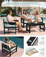SERWALL Black HDPE Outdoor Loveseat with Khaki Cushions, All Weather Use Outdoor Loveseat Sofa - Photo 3