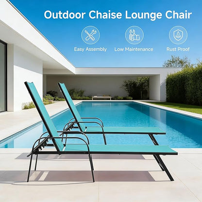 DUMOS 5-Position Foldable Chaise Lounge Chair with Armrests, Sturdy Metal Frame Outdoor Sun Recliner for Patio, Backyard, Poolside, Cyan