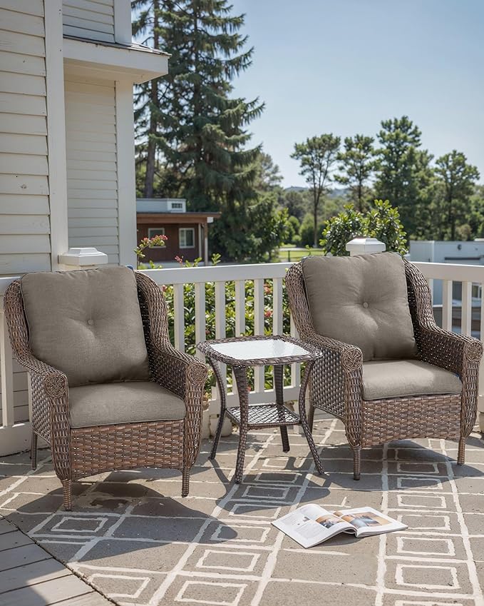 3 Piece Patio Brown Wicker Chairs with Side Table - Outdoor High Back Heavy Duty All-Weather Lawn Dining Rattan Chair - Photo 2