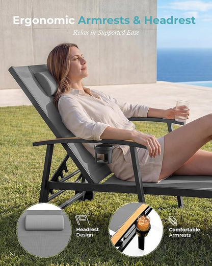 Ciokea Outdoor Lounge Chair with Pillow Set of 2, 5-Position Aluminum Chaise Lounge with Wheels & Armrests, 400 lbs Heavy Duty Patio Pool Chair for Backyard, Deck, Beach & Poolside, Grey