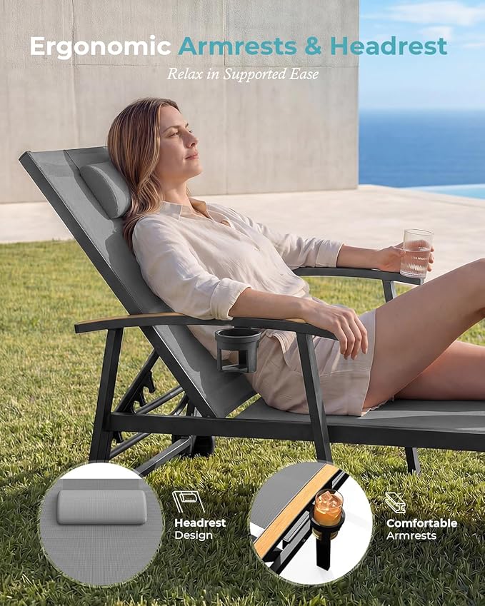 Ciokea Outdoor Lounge Chair with Pillow Set of 4, 5-Position Chaise Lounge with Wheels & Armrests - Photo 3