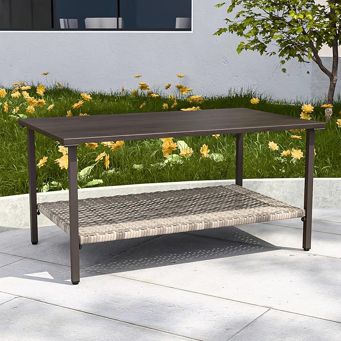 COOS BAY Aurora Terrace Outdoor Coffee Table with 2-Tier Storage, Metal Patio Table for Garden, Balcony, Poolside, Porch, Wood Grain Top