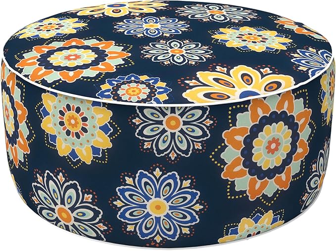 LVTXIII Inflatable Stool Ottoman Footrest with Handle, Decorative Fade-Resistant Foot Stool, Indoor or Outdoor Pouf for Home Garden and Camping Use, D21 x W 21 x H9, Bloom Medallion‌ Cobalt