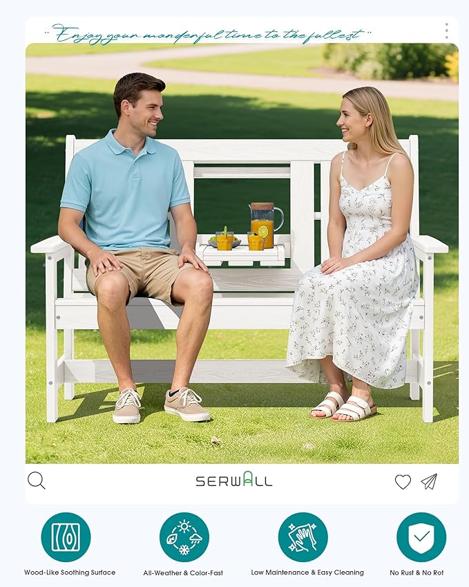 SERWALL Outdoor Bench with Cup Holder, 58" HDPE Garden Park Bench Suitable for 3 Person - Photo 9