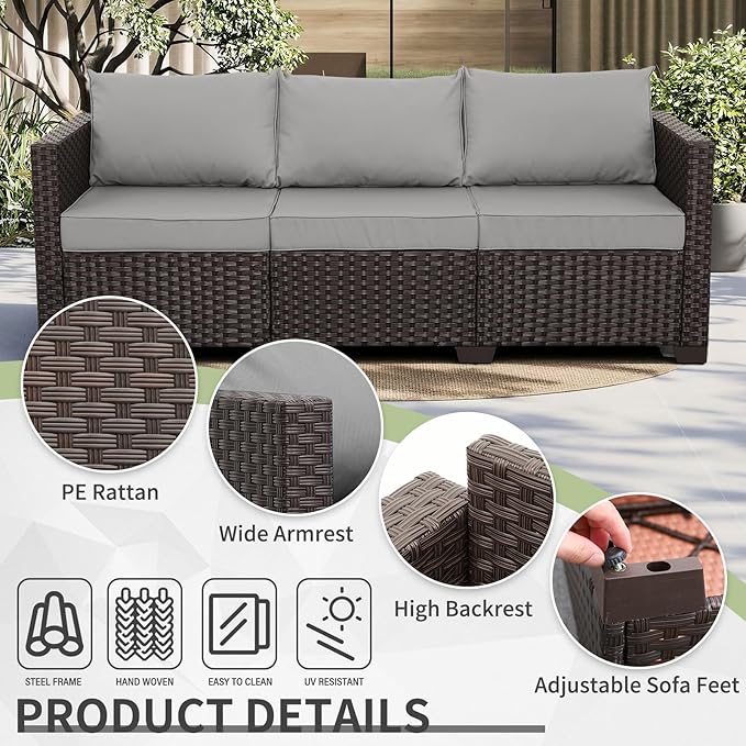 WAROOM Patio Couch PE Rattan 3-Seat Outdoor Sofa Brown Wicker Furniture Set Deep Seating with Anti-Slip Grey Cushion
