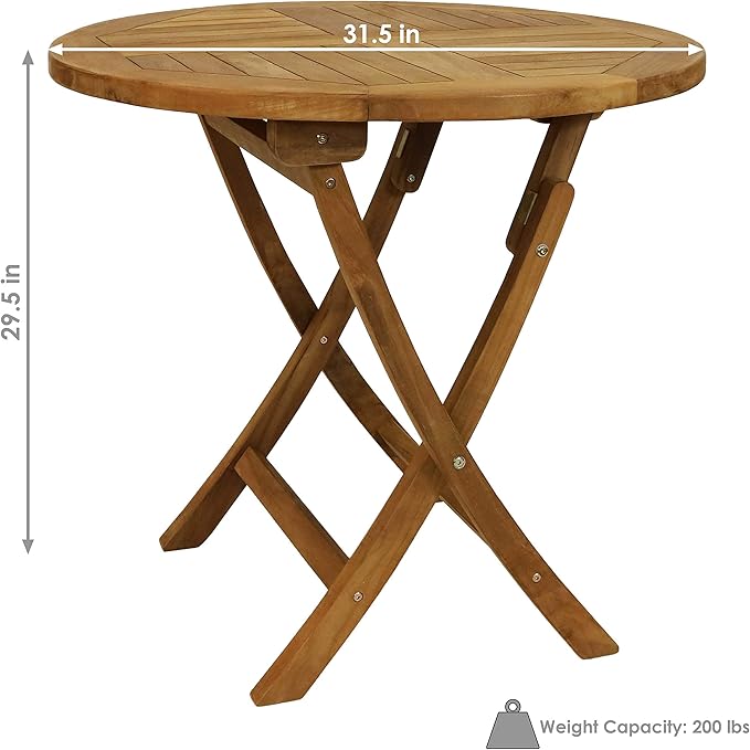 Sunnydaze Round Folding Solid Teak Outdoor Dining Table - Light Wood Stain Finish - 31 Inches