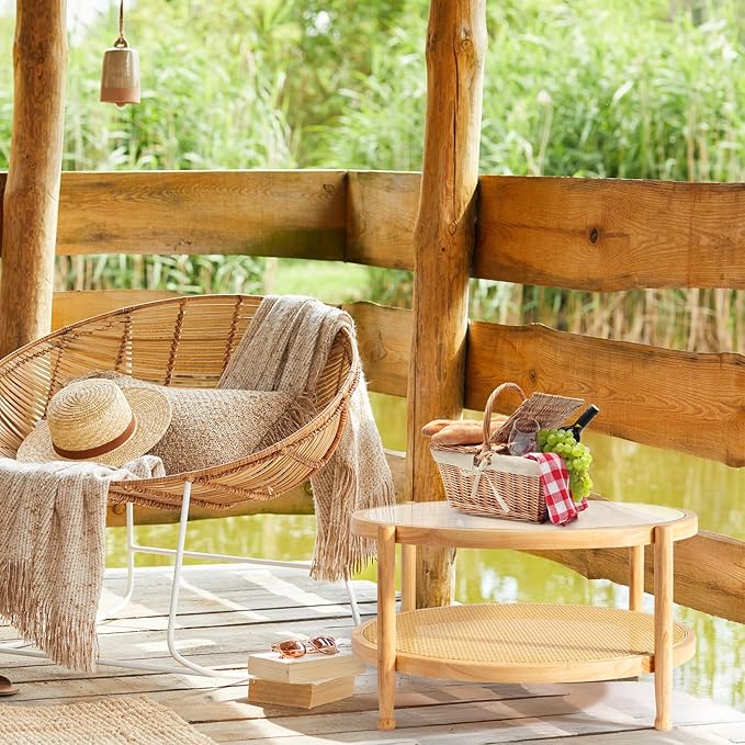Outvita Outdoor Side Table, Rattan Rubber Wood Coffee Table with Weather - Resistant Coating, Double - Layer Storage, 31.5"x31.5"x 17.3", Easy Assembly for Patio, Garden, Living Room, Bedroom