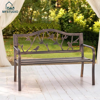 MFSTUDIO Outdoor Metal Bench Set of 2, 50" Outdoor Garden Bench, Patio Metal Frame Park Bench with Bird Pattern Backrest for Porch, Lawn, Deck, Bronze