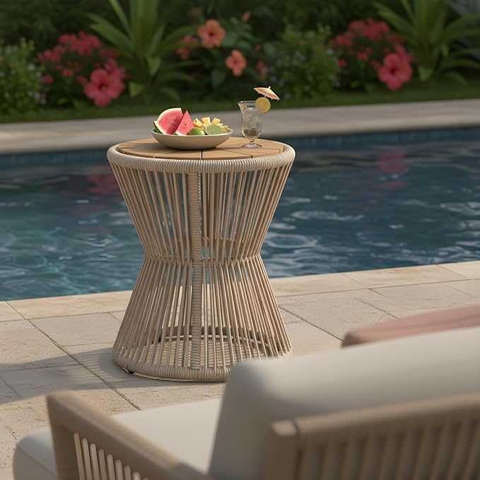 Merax Bohemian Round Outdoor Side Table with Acacia Wood Top and Beige Handwoven Rope Base, Elegant Hourglass Design Patio Coffee Table for Garden, Pool, Deck, Balcony, Yard, 18.9" Height, No Assembly