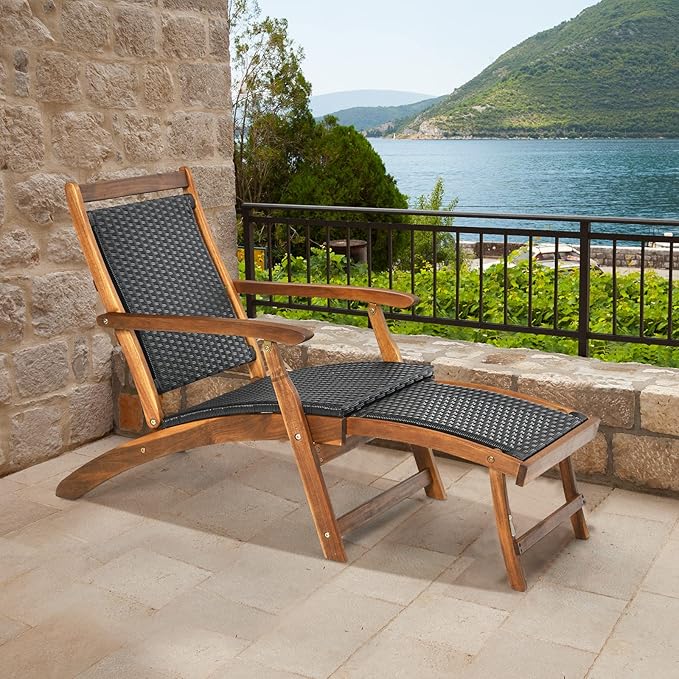 HAPPYGRILL Acacia Wood Chaise Lounge With Retractable Footrest - Rattan Wicker Folding Collapsible Chair for Poolside, Patio, Garden, Porch