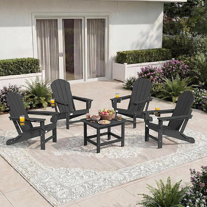 Mdeam 3-Position Adjustable Adirondack Chair, 400LBS Capacity, Cup Holder, Wooden Textured, All-Weather HDPE Folding Fire Pit Outdoor Chairs for Poolside Deck Patio Garden Yard Lawn Campfire - Black